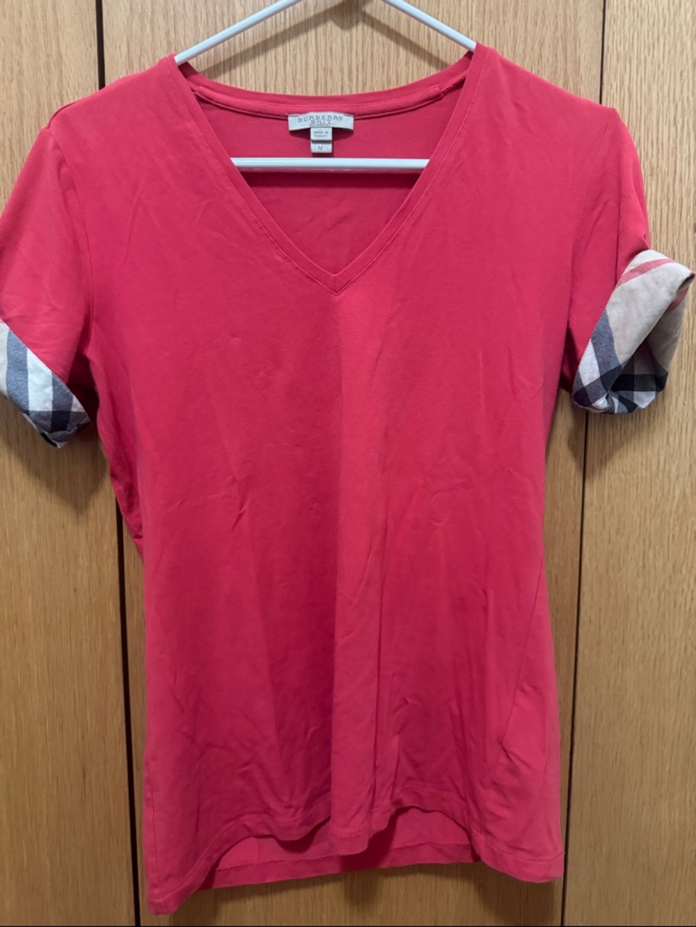 Burberry Coral Red V-Neck Tee with Check Sleeve Cuffs
